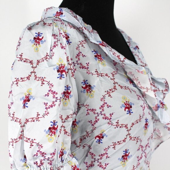 Hill House Home Nima Silk Floral Wrap Silver Mini V-Neck Dress Robe XS X-Small - Picture 4 of 9